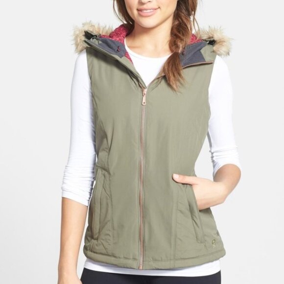 Mountain Hardwear Potrero Insulated Hooded Vest Removable Faux-Fur Zip-Up Green - Picture 3 of 14